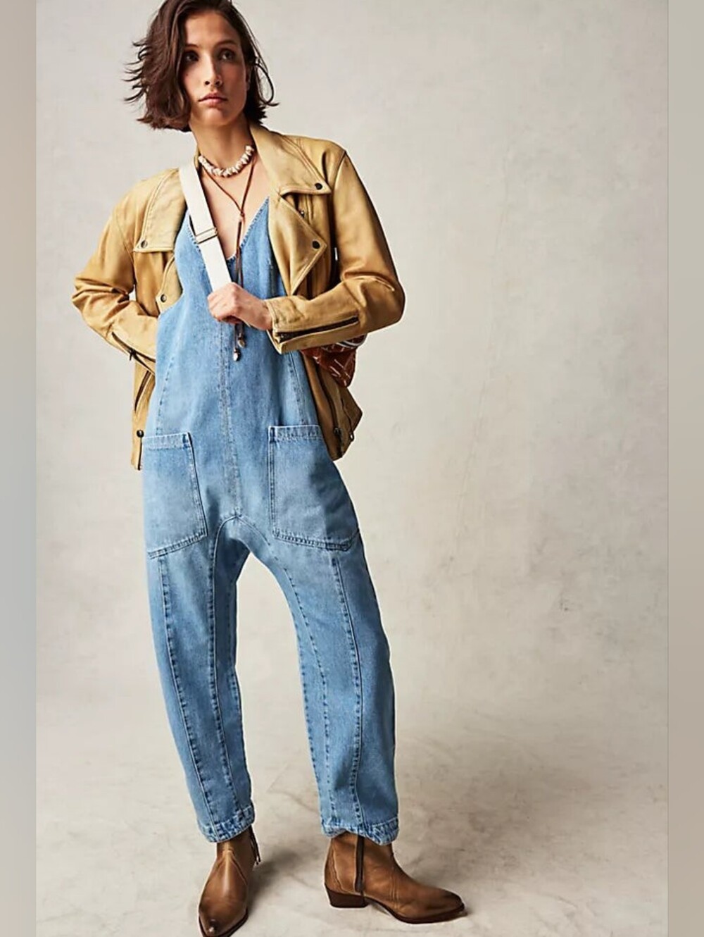 Free People We The Free High Roller Denim Jumpsuit Overalls Blue Kansas Size L